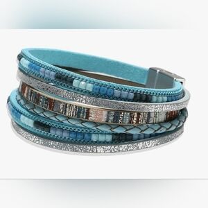 Turquoise Blue Faux Leather Multi-layered Magnetic Bracelet